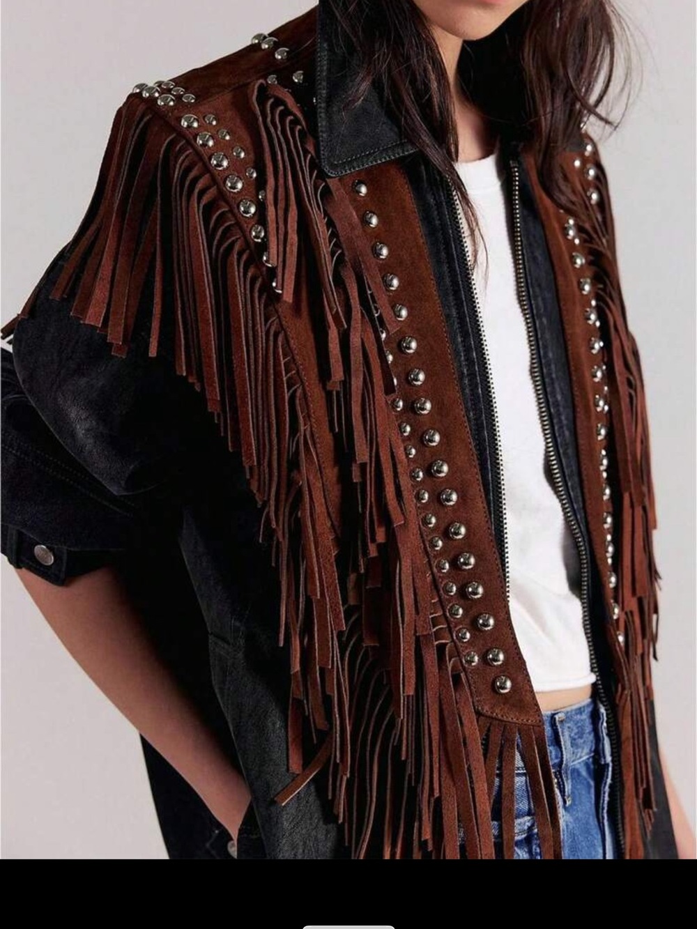 Free People Brown Suede Fringe & Studded fringe overlay